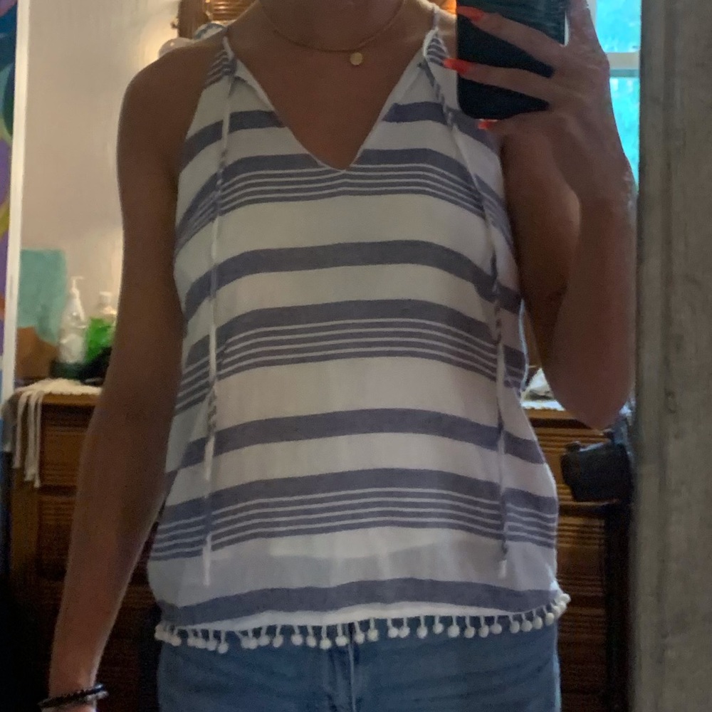 Lightweight v-neck tank, denim blue and white stripes
